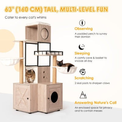 63” Multi-Functional Luxury Cat Tree with Litter Box – Rustic Gray