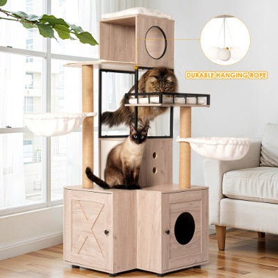 63” Multi-Functional Luxury Cat Tree with Litter Box – Rustic Gray