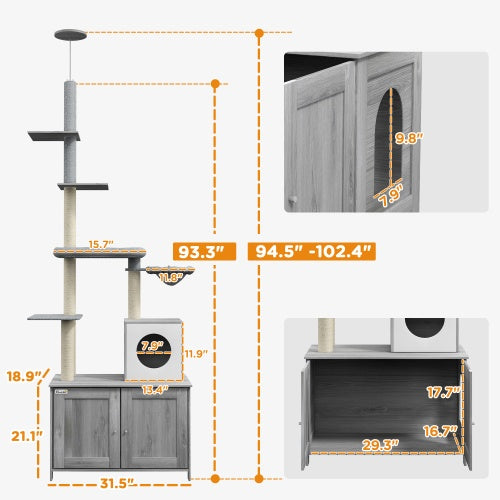 Floor-to-Ceiling Cat Tower With Litter Box Enclosure – Multi-Level Modern Climbing & Resting Condo | Masion De Paw