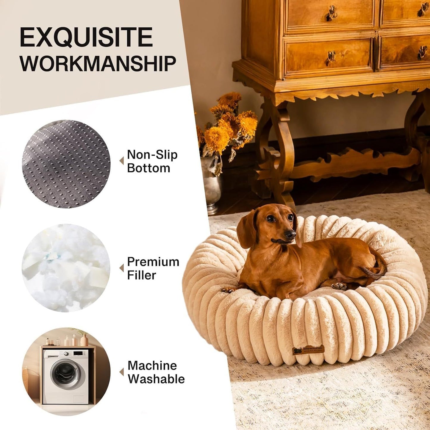 Masion De Paw™ Luxury Fluffy Pet Bed – Calming Washable Round Pet Bed for Small Cats & Dogs (Light Brown)