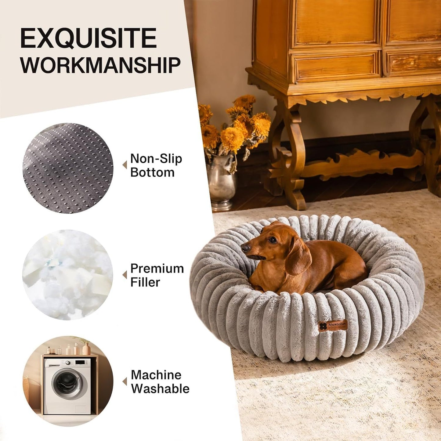 Masion De Paw™ Luxury Fluffy Pet Bed – Calming Washable Round Pet Bed for Small Cats & Dogs (Grey)