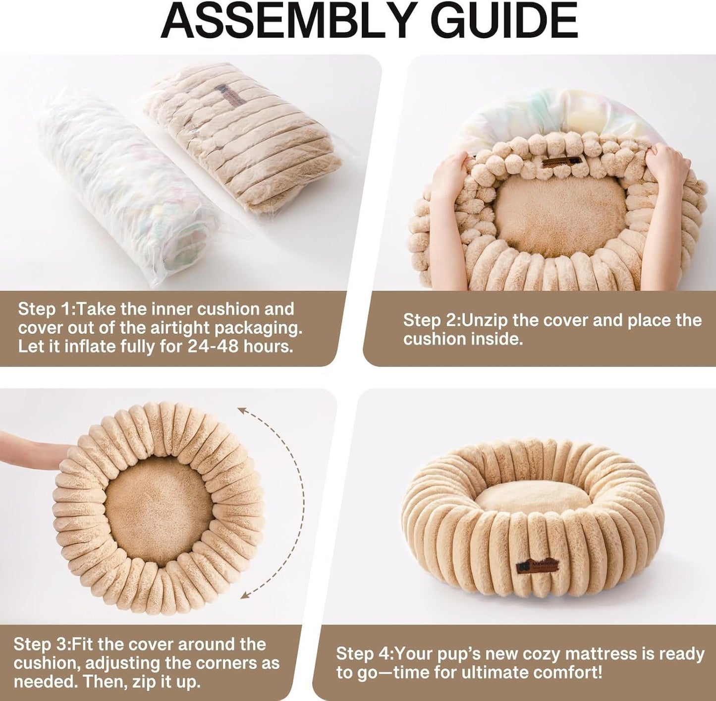 Masion De Paw™ Luxury Fluffy Pet Bed – Calming Washable Round Pet Bed for Small Cats & Dogs (Light Brown)