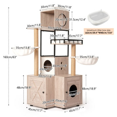 63” Multi-Functional Luxury Cat Tree with Litter Box – Rustic Gray