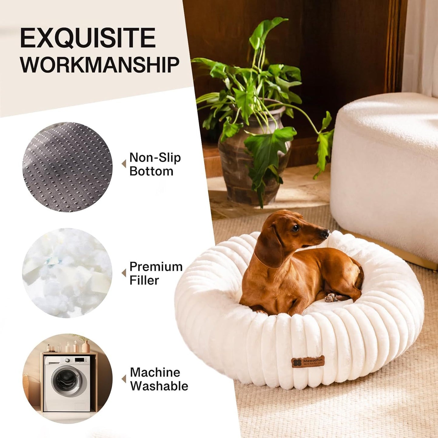 Masion De Paw™ Luxury Fluffy Pet Bed – Calming Washable Round Pet Bed for Small Dogs & Puppies (Cream)