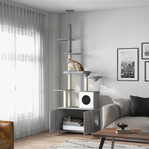 Floor-to-Ceiling Cat Tower With Litter Box Enclosure – Multi-Level Modern Climbing & Resting Condo | Masion De Paw
