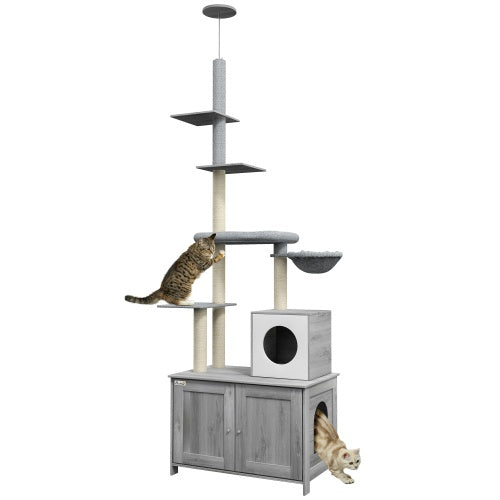 Floor-to-Ceiling Cat Tower With Litter Box Enclosure – Multi-Level Modern Climbing & Resting Condo | Masion De Paw