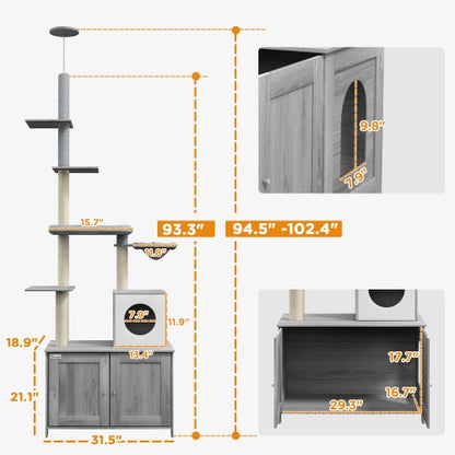 Floor-to-Ceiling Cat Tower With Litter Box Enclosure – Multi-Level Modern Climbing & Resting Condo | Masion De Paw