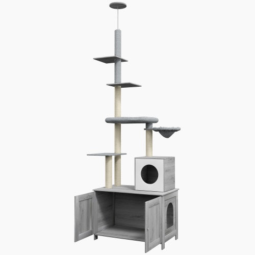 Floor-to-Ceiling Cat Tower With Litter Box Enclosure – Multi-Level Modern Climbing & Resting Condo | Masion De Paw