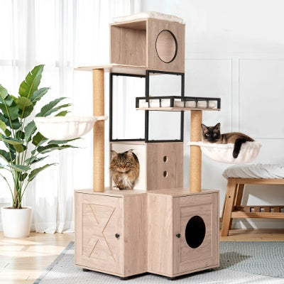 63” Multi-Functional Luxury Cat Tree with Litter Box – Rustic Gray