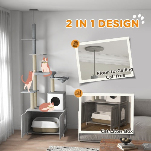 Floor-to-Ceiling Cat Tower With Litter Box Enclosure – Multi-Level Modern Climbing & Resting Condo | Masion De Paw