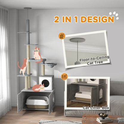 Floor-to-Ceiling Cat Tower With Litter Box Enclosure – Multi-Level Modern Climbing & Resting Condo | Masion De Paw